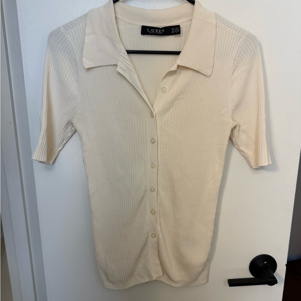 Ralph Lauren Cream Ribbed Short-Sleeve Button-Up Polo